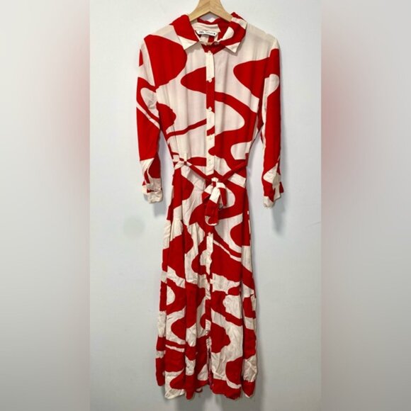 Zara Blogger’s Favourite Red & White Printed Belted Midi Shirt Dress size XL - Picture 5 of 15